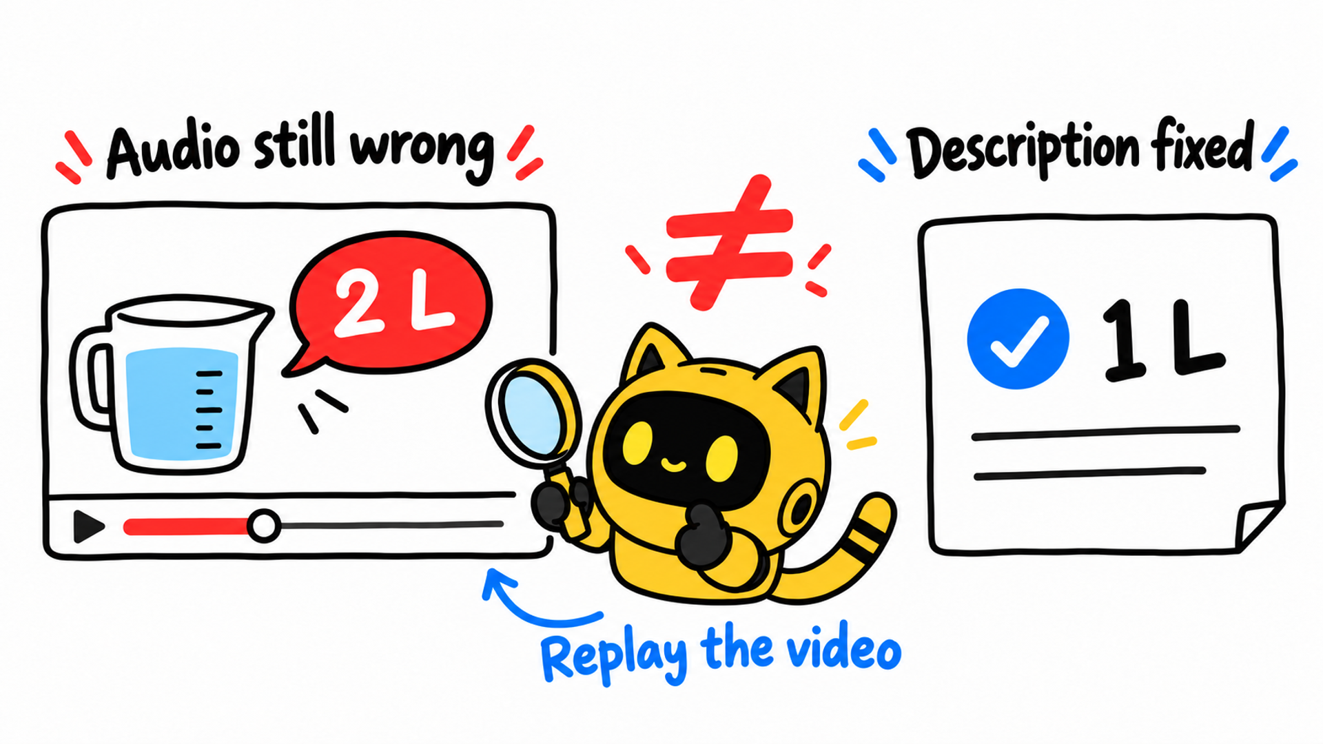 A hand-drawn robot replays a video claiming 2 liters beside a corrected 1-liter description, showing that the spoken error remains.