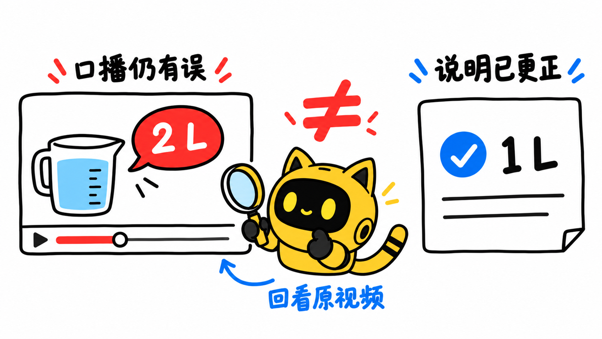 手绘机器人回看标注2升的视频，对照已改为1升的说明，提醒说明更正不等于口播已改。