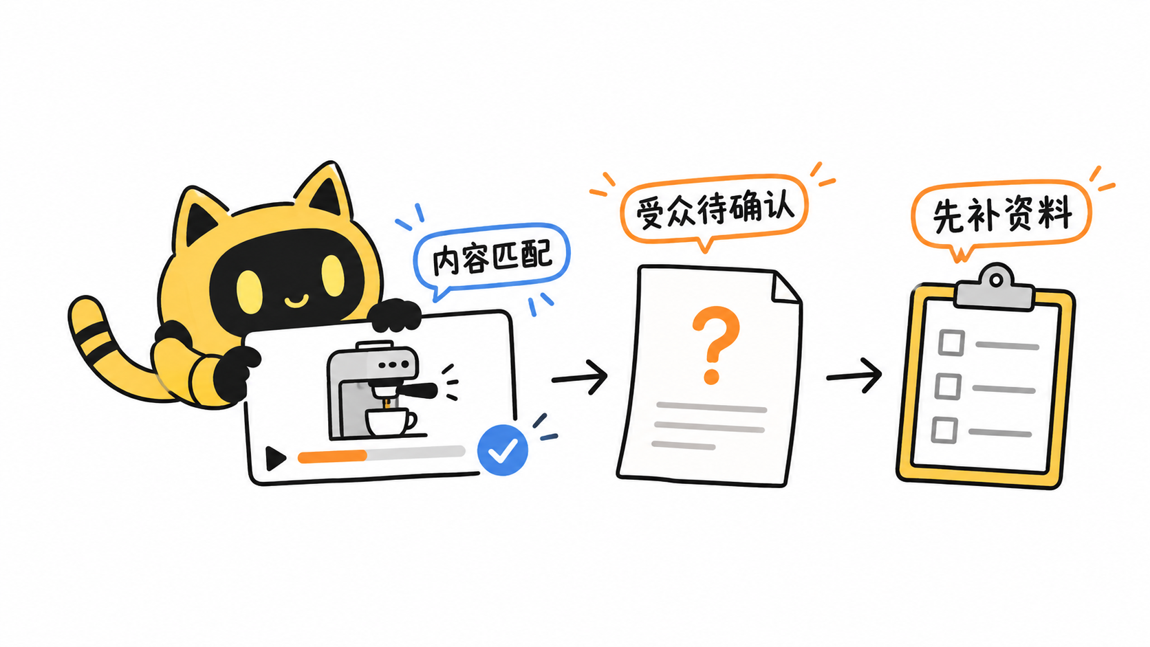手绘黄色猫耳机器人拿着已勾选的咖啡机视频卡片，箭头经过带问号的受众报告，指向待补资料的清单。