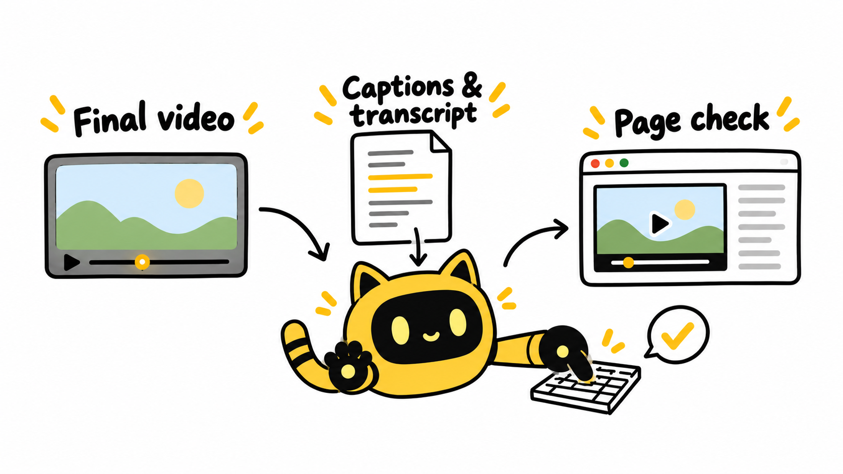 The final video and captions and transcript lead to a page check, with the yellow robot beside a keyboard.