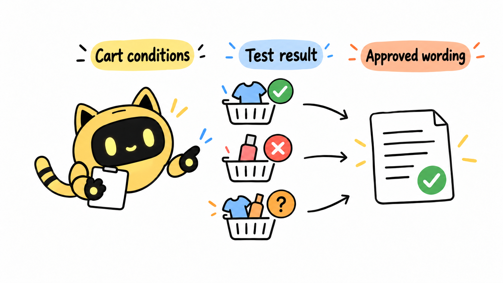 A robot compares cart conditions and test results before approving offer wording.