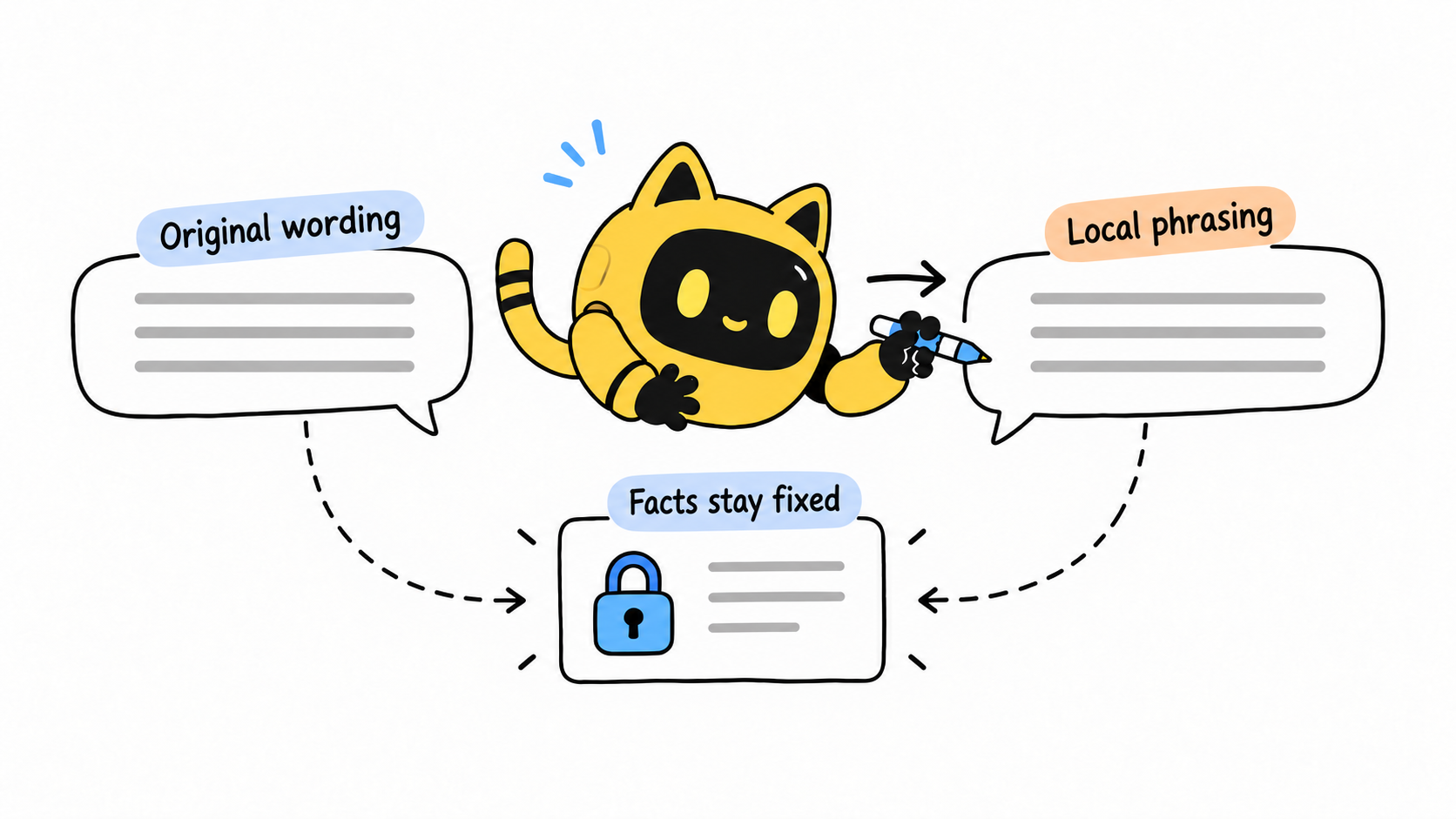 A robot adapts original wording into local phrasing beside a locked card representing fixed facts.