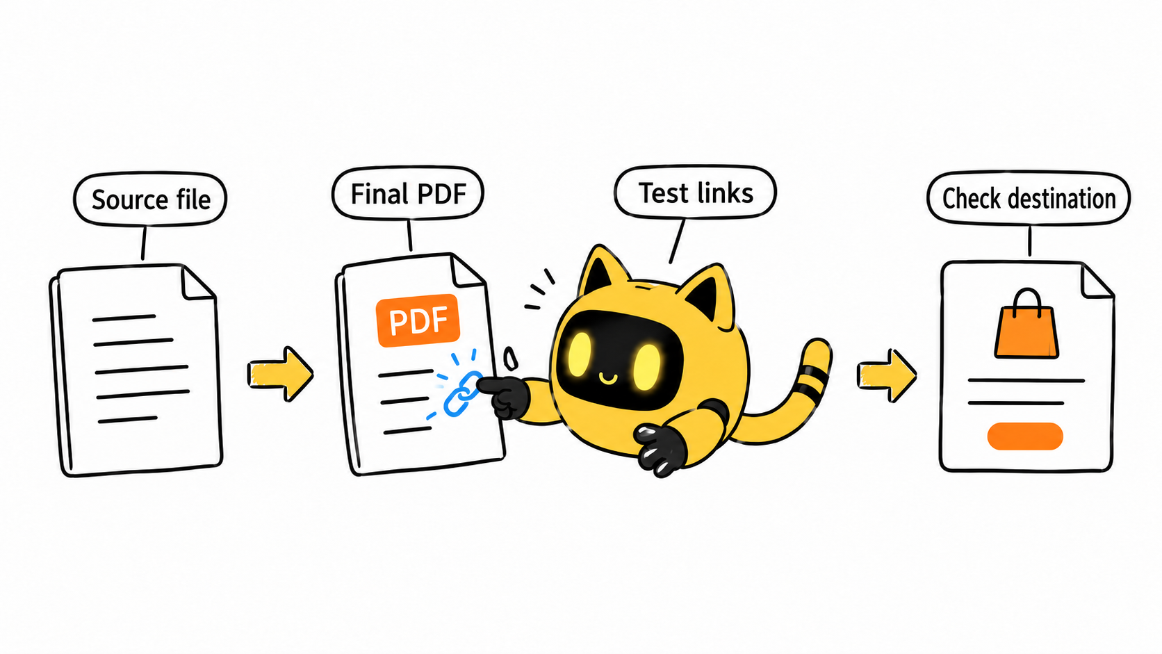 After a source file is exported to PDF, a robot tests its link and checks the destination.