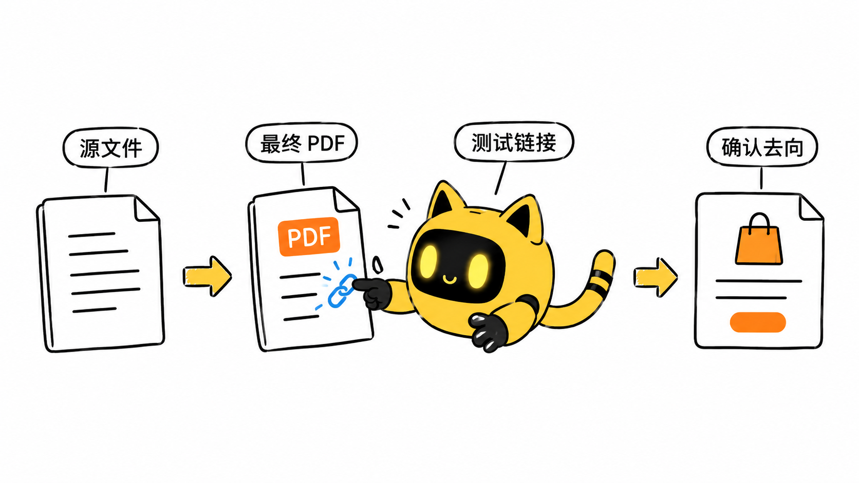 源文件导出为 PDF 后，机器人测试其中链接并确认目标页面。
