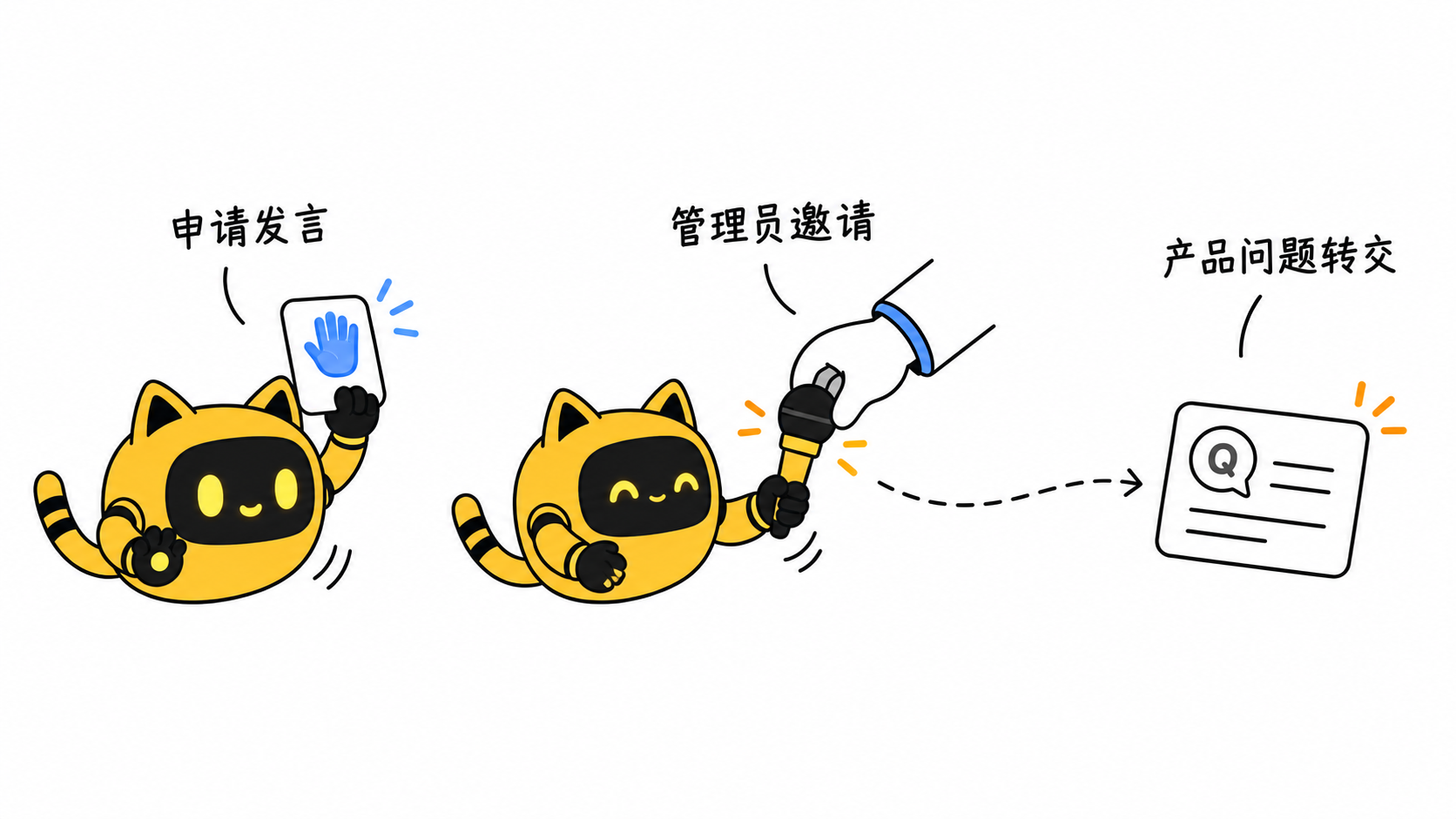 观众申请发言经过管理员邀请，产品问题另有转交路径。