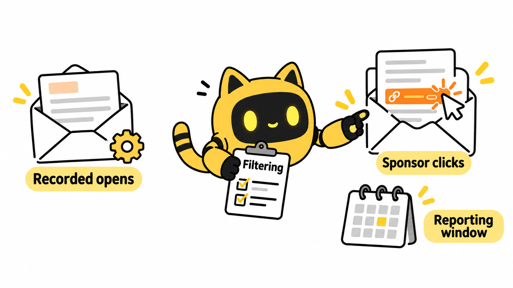 A robot checks filtering and the reporting window while recorded opens are shown separately from sponsor clicks.