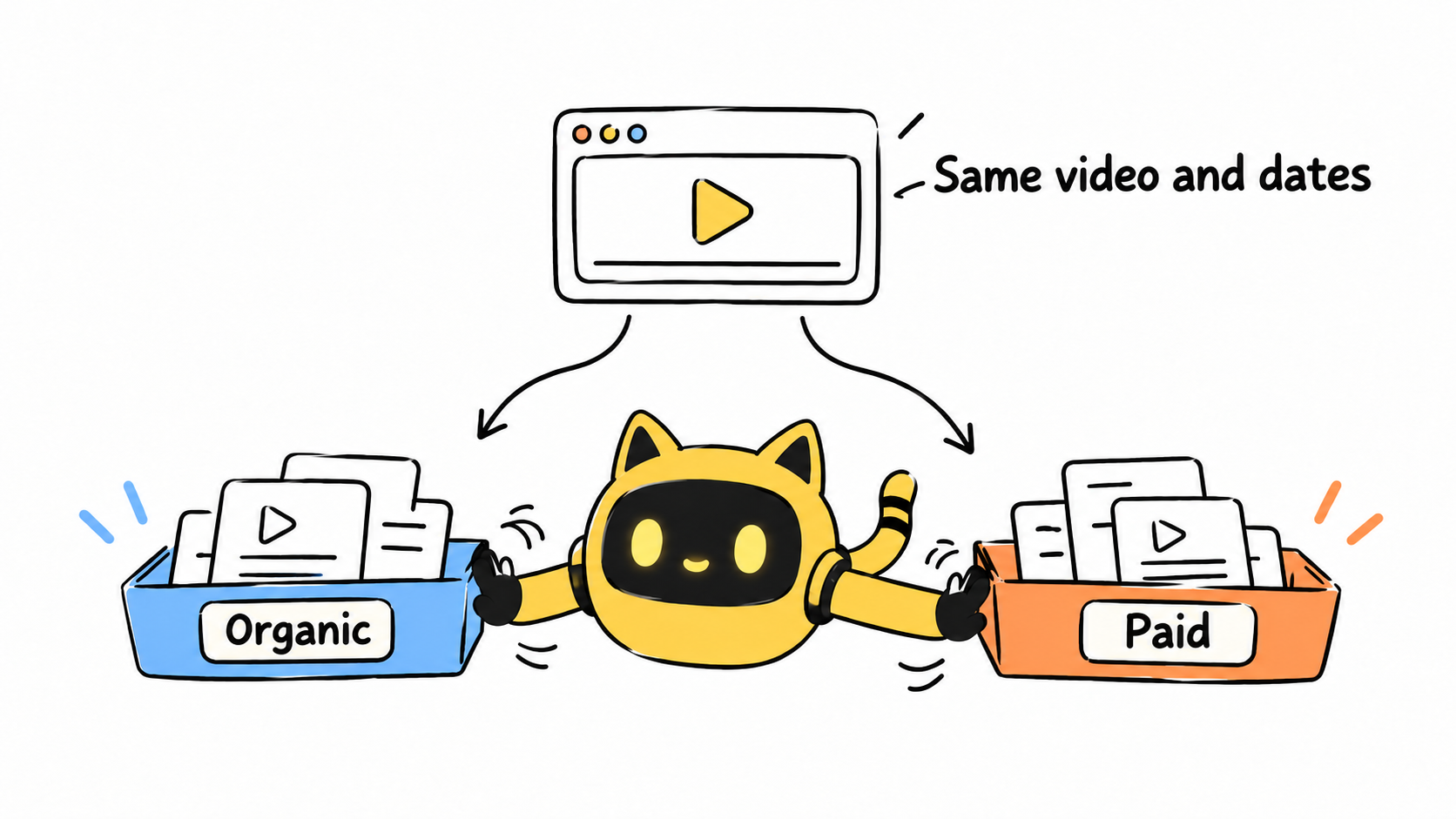 Data for the same video and dates branches into organic and paid trays.