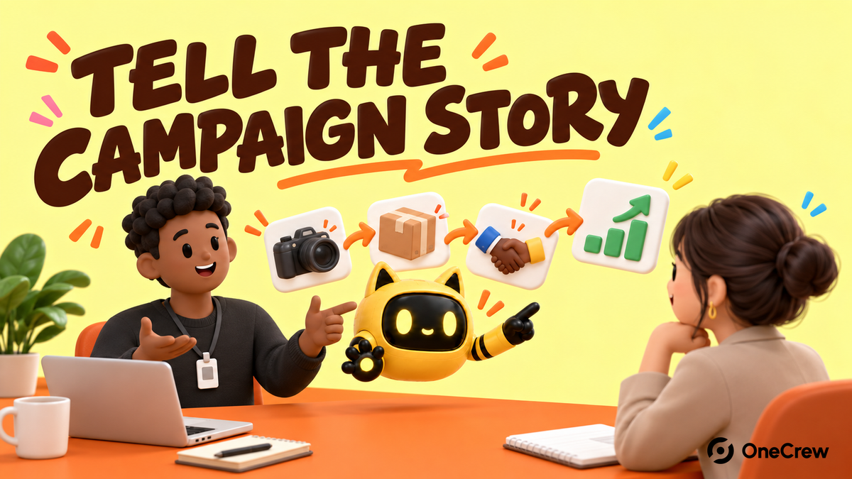 Yellow OneCrew cover reading ‘TELL THE CAMPAIGN STORY’ with a marketing candidate explaining a creator campaign through camera, parcel, handshake and results, beside the cat-ear robot.