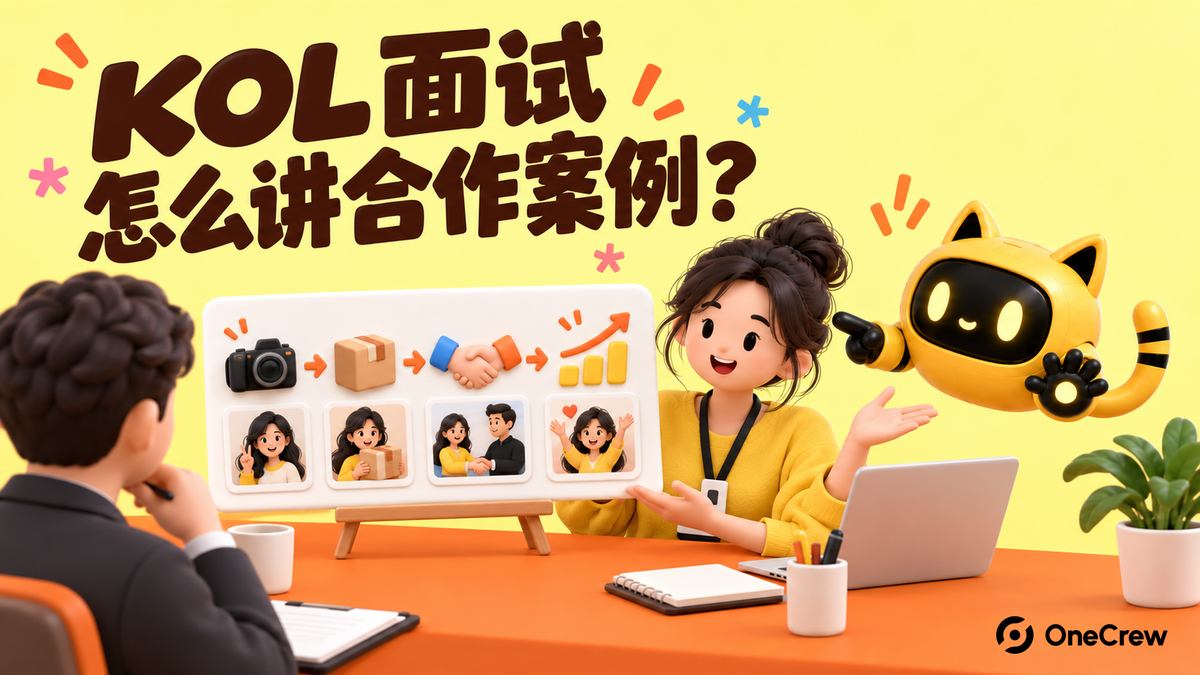 黄色 OneCrew 封面写着“KOL 面试，怎么讲合作案例？”，候选人用相机、包裹、握手与结果路径复盘一次达人合作，猫耳机器人指向因果链。