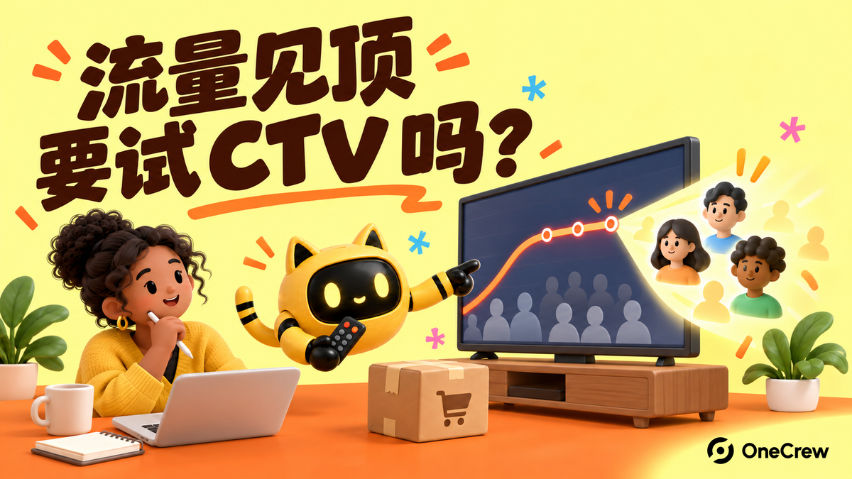 黄色 OneCrew 封面写着“流量见顶，要试 CTV 吗？”，独立站营销人和猫耳机器人面对电视、触顶曲线与新的受众光束。