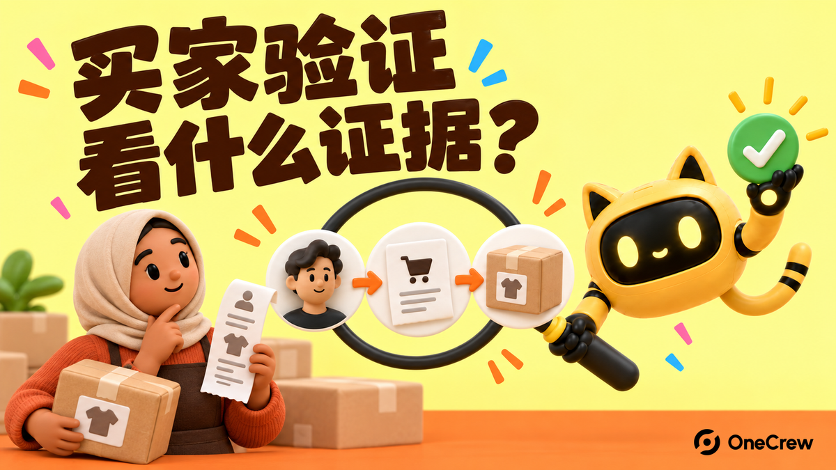 黄色 OneCrew 封面写着“买家验证，看什么证据？”，商家和猫耳机器人用放大镜连接买家、订单与包裹。