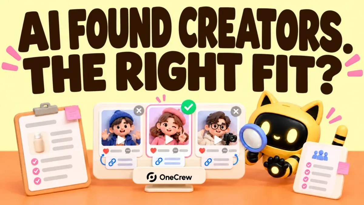 The OneCrew mascot checks creator videos against product information beneath ‘AI found creators. The right fit?’