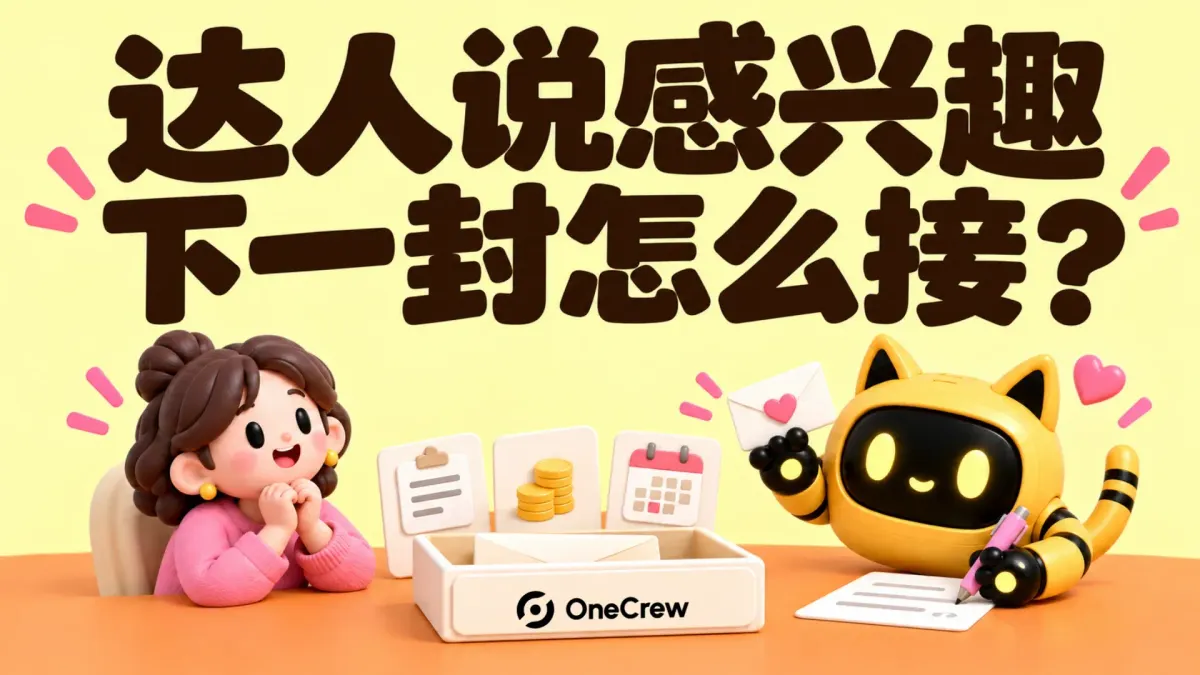 OneCrew 吉祥物收到积极回复后，结合简报、预算和时间准备下一封邮件，标题为“达人说感兴趣，下一封怎么接？”