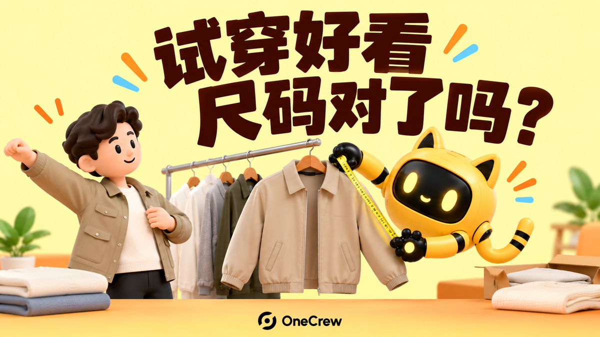 创作者抬手展示外套，黄色机器人用软尺核对样衣