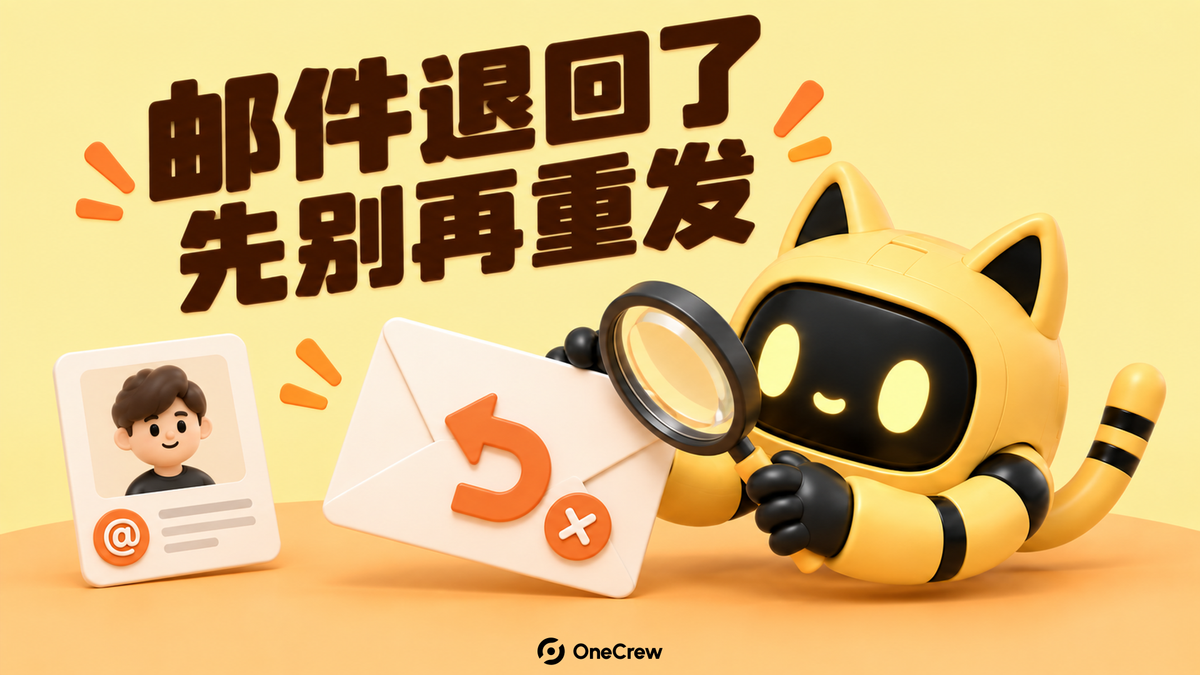 猫耳机器人用放大镜检查带退回箭头的信封，旁边放着商务联系卡；深棕标题写着“邮件退回了，先别再重发”。