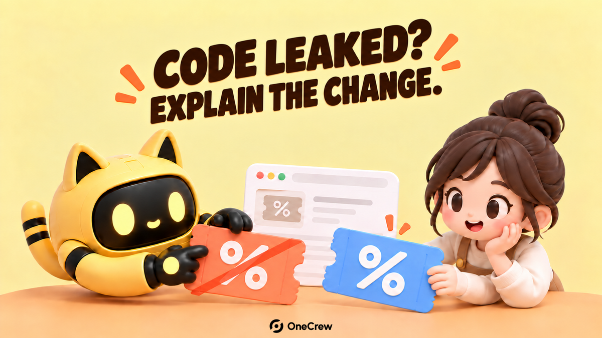 A cat-eared robot and creator compare a crossed-out orange coupon with a new blue coupon beside a coupon webpage. The headline reads “Code leaked? Explain the change.”