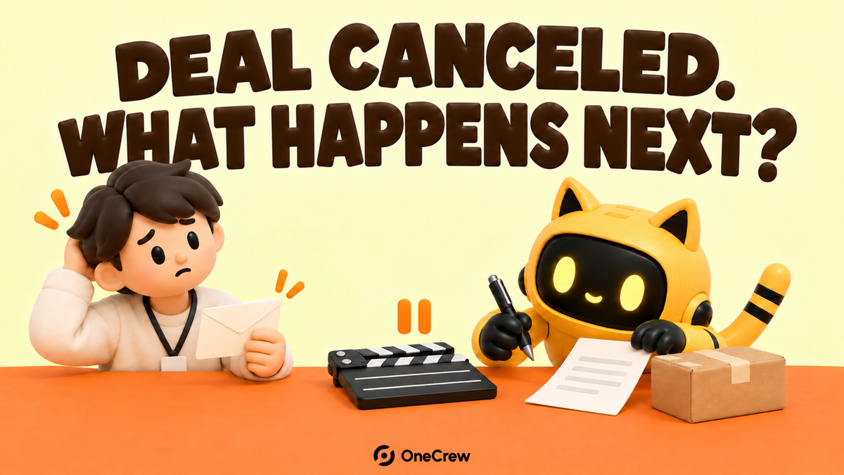 A brand coordinator holds a notice while a yellow cat-eared robot checks paperwork, a sample parcel, and a clapperboard. Text: “Deal canceled. What happens next?”