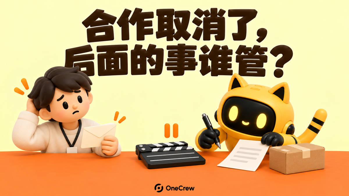 品牌负责人拿着通知信，黄色猫耳机器人核对单据、样品包裹和场记板，封面写着“合作取消了，后面的事谁管？”