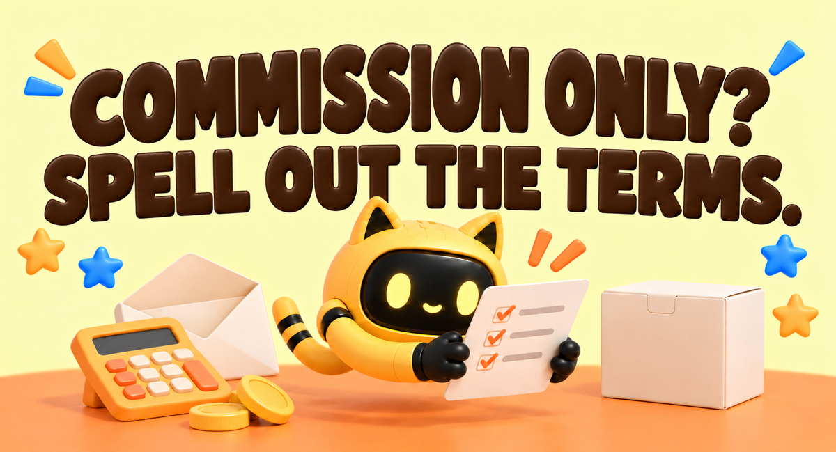 A yellow cat-eared robot holds a terms checklist beside a calculator, envelope and sample box. Headline: “Commission only? Spell out the terms.”