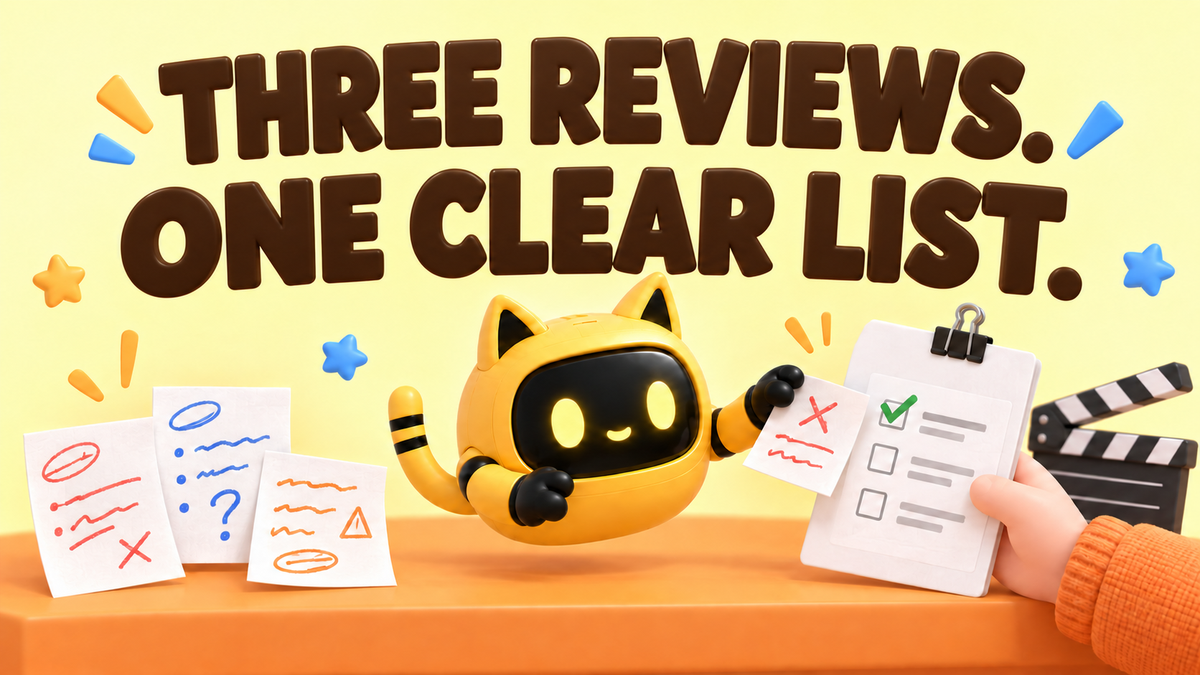 A yellow cat-eared robot organizes feedback notes beside a clapperboard and a hand holding a checklist. Large headline: “Three reviews. One clear list.”