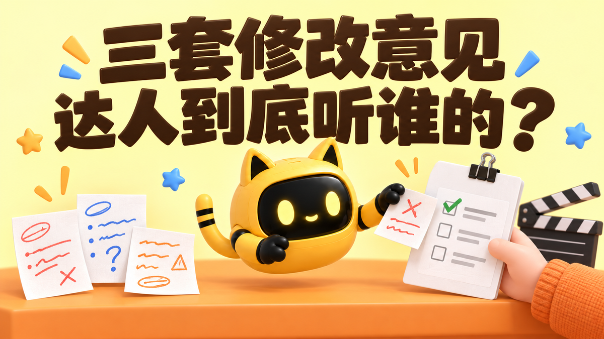 黄色猫耳机器人把多份修改意见整理为清单，旁边是场记板和拿着确认清单的手；大字标题为“三套修改意见，达人到底听谁的？”。