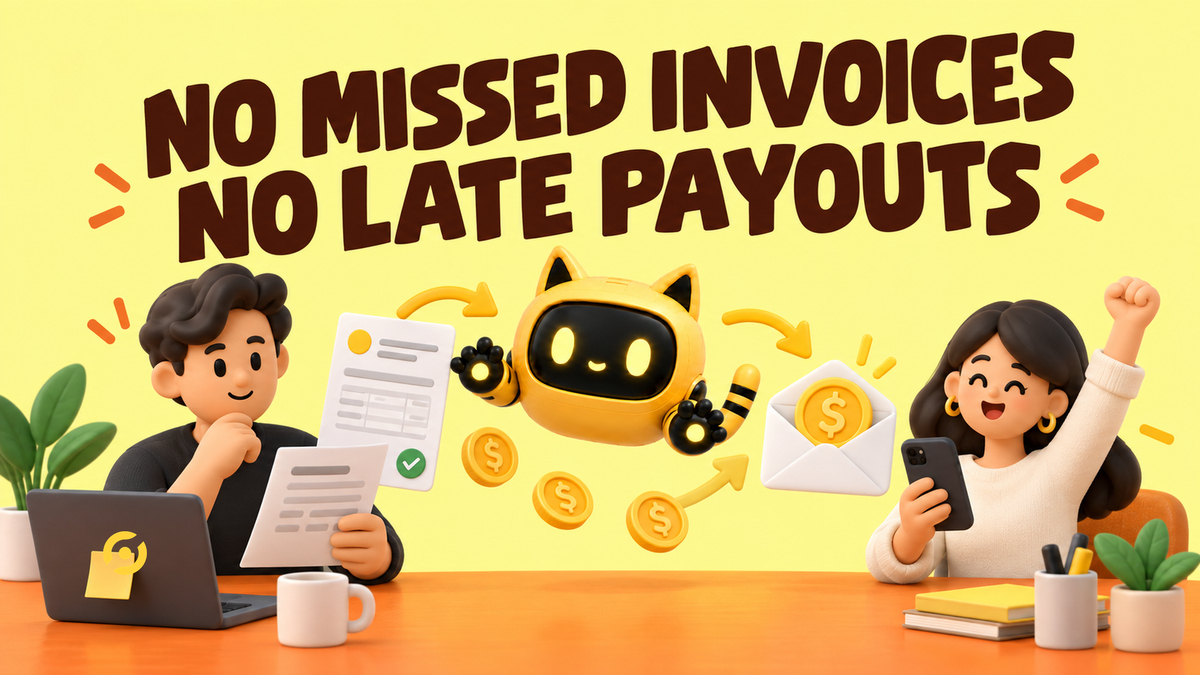 An agency operator and the yellow cat-eared OneCrew robot connect brand receivables, agency commission, and creator payouts