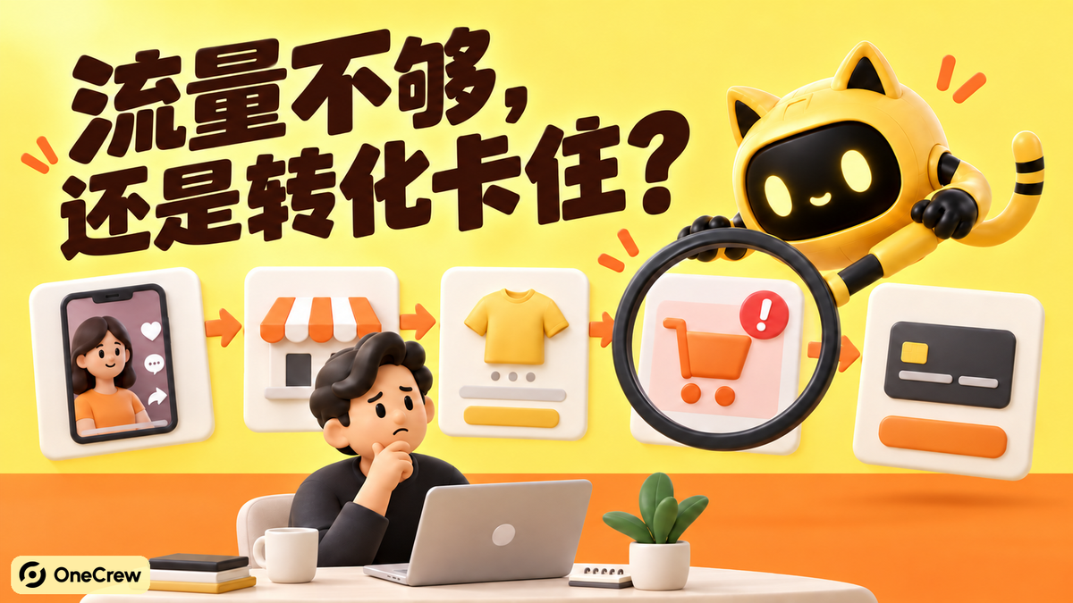 营销人员和 OneCrew 黄色猫耳机器人用放大镜检查短视频到商品页、加购与支付的转化漏斗，标题为“流量不够，还是转化卡住？”。