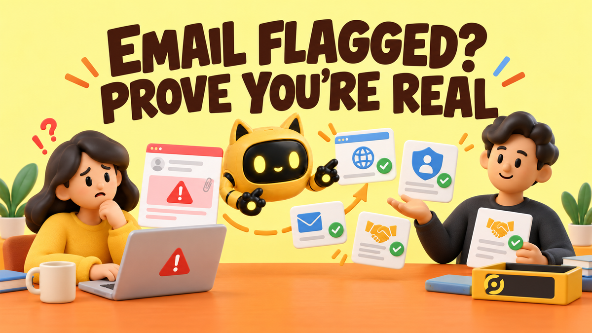 A creator sees a security warning on an outreach email while the yellow cat-eared OneCrew robot helps verify the domain, identity, website, and terms