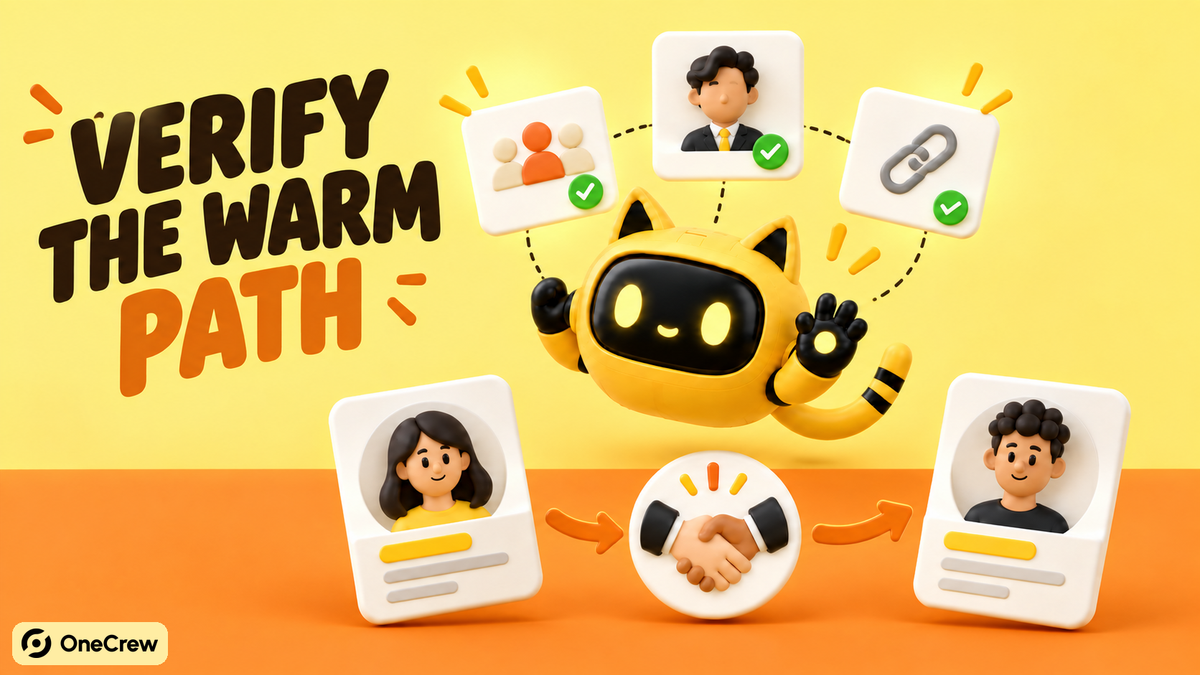 The yellow OneCrew cat-ear robot verifies manager, public-work, and shared-project evidence under the headline “Verify the Warm Path.”