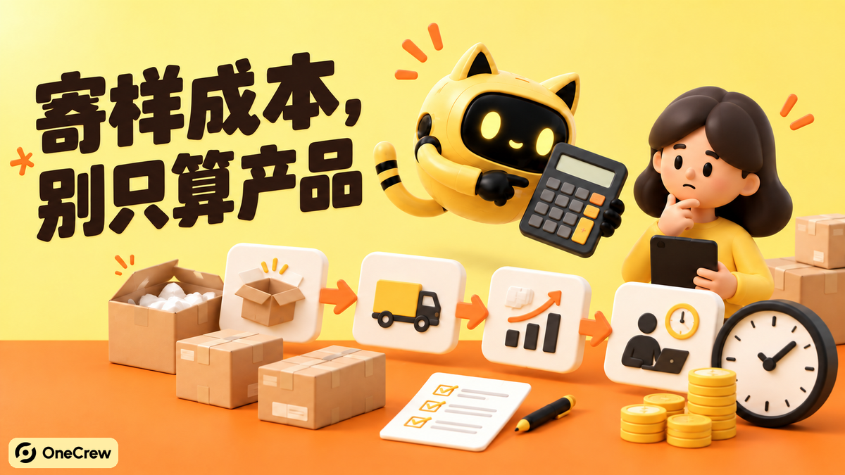 品牌运营与 OneCrew 黄色猫耳机器人用计算器检查寄样、发布、销售和人工时间，标题为“寄样成本，别只算产品”。