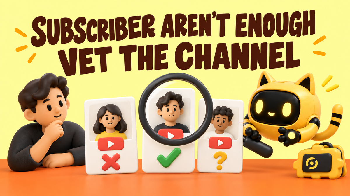 A marketer and the yellow cat-eared OneCrew robot compare YouTube review channels with a magnifying glass instead of relying on subscriber count