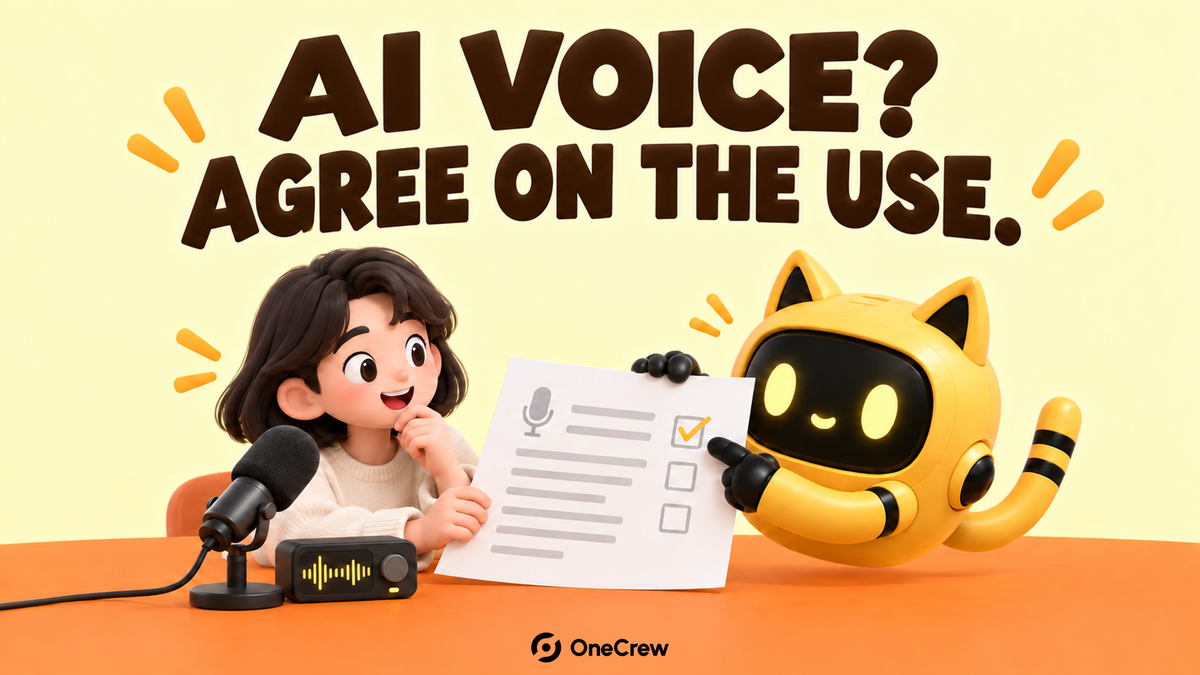 A creator beside a microphone reviews a voiceover checklist with a yellow cat-eared robot. The headline reads “AI voice? Agree on the use.” above an orange tabletop and OneCrew logo.