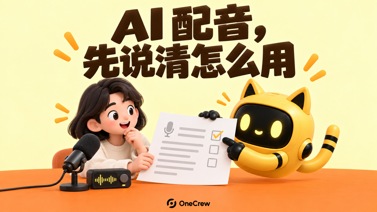 创作者在麦克风旁与黄色猫耳机器人核对配音清单，黄底封面写着“AI 配音，先说清怎么用”，底部为连续橙色台面和 OneCrew 标识。