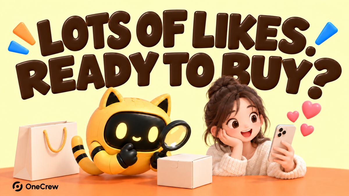 3D poster: Lots of Likes. Ready to Buy? The cat-ear robot and creator review a product, with the original black OneCrew logo at bottom left.