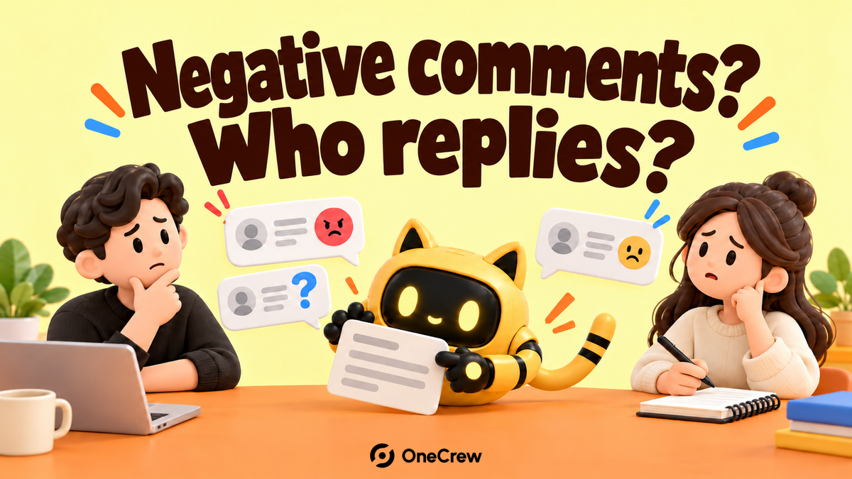 A brand representative, creator and robot review negative comment cards