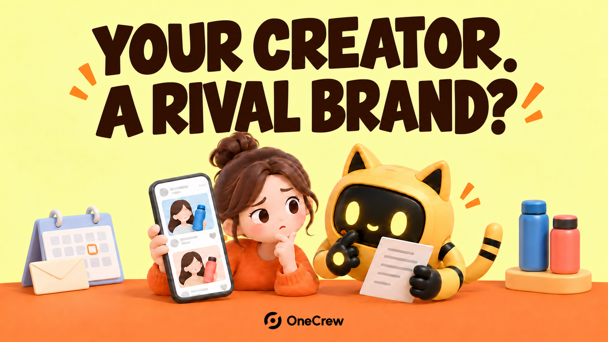 A marketer and yellow robot review creator posts and an agreement, beside a calendar, envelope and two bottles. “Your creator. A rival brand?” headline and OneCrew logo.