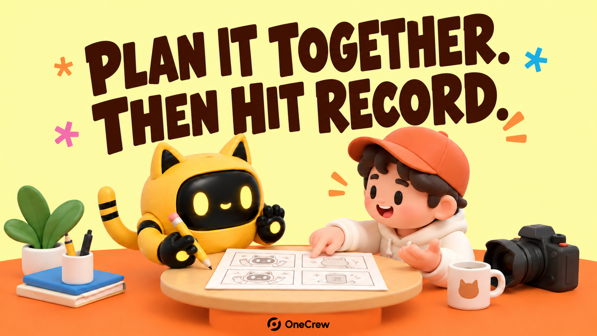 A yellow cat-eared robot and a creator discuss a storyboard beside a camera and mug, under “Plan it together. Then hit record.”