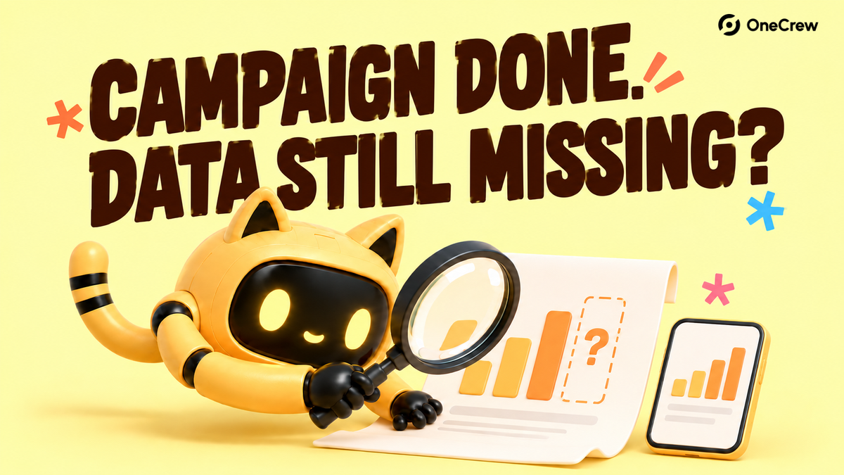 Yellow cat-ear robot checks a chart with a magnifying glass beside a phone and a missing-data marker under a headline about missing campaign data.