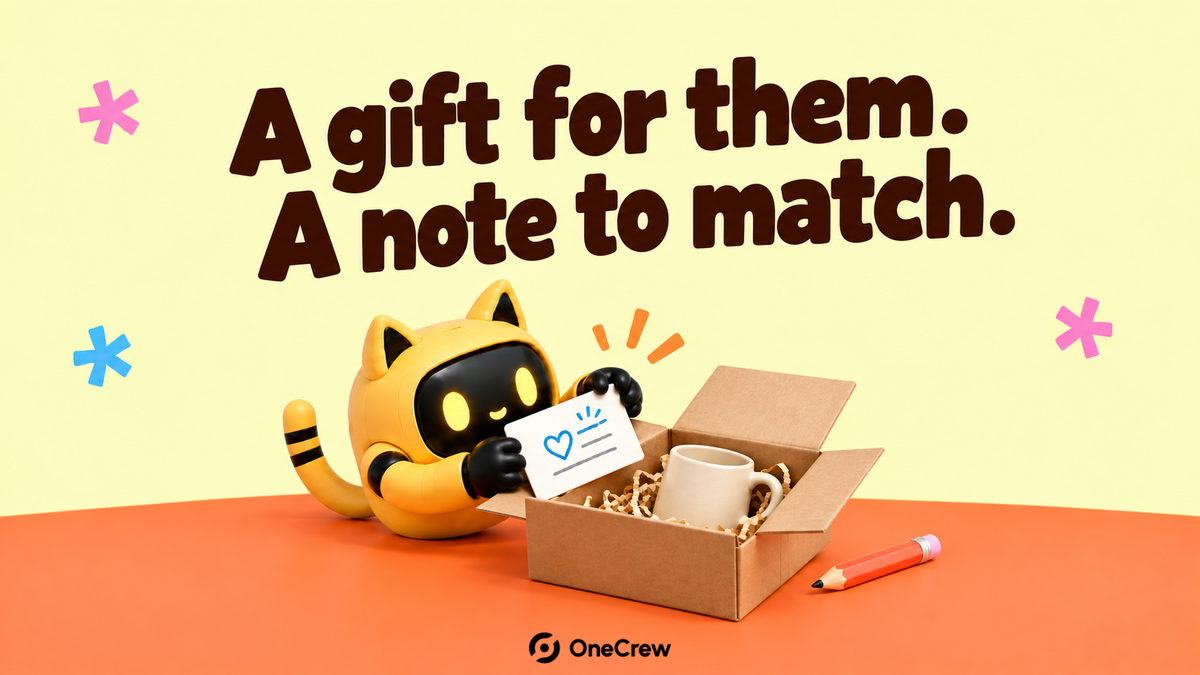 A yellow cat-eared robot adds a personal note to a parcel containing a mug, under the headline “A gift for them. A note to match.”