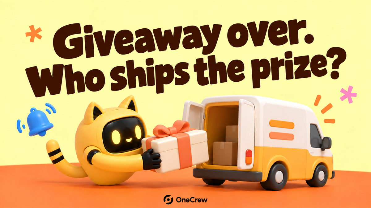 A yellow robot hands a prize parcel toward a delivery van beside a notification bell, under “Giveaway over. Who ships the prize?”