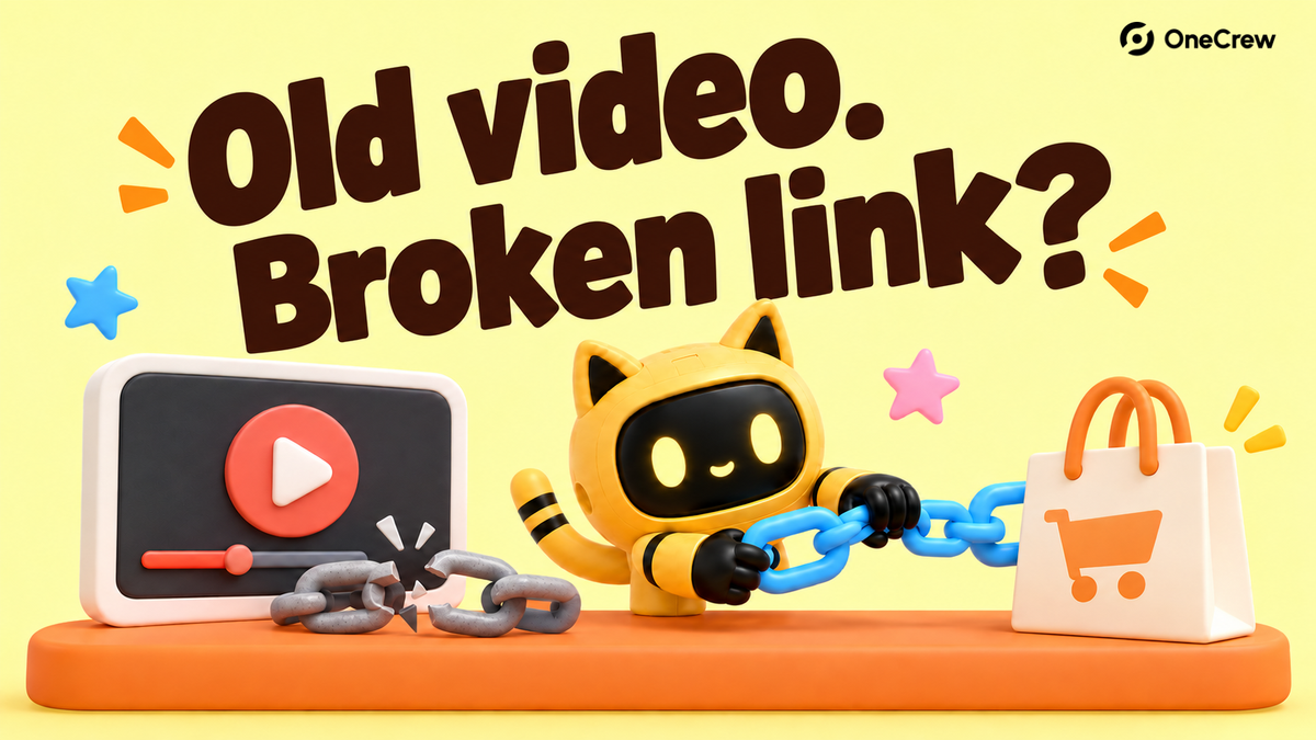 A yellow cat-eared robot connects a video to a shopping bag with a new blue chain beneath “Old video. Broken link?”
