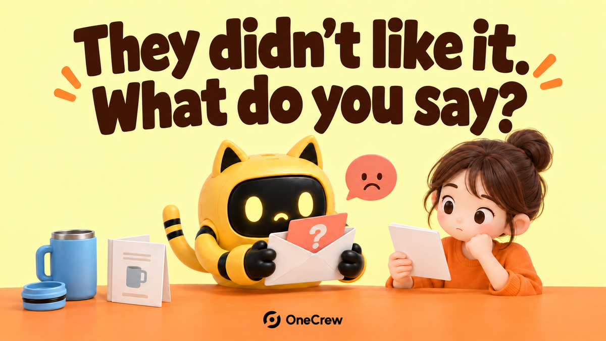 A yellow robot and marketer read product feedback beside a blue mug. Text: “They didn’t like it. What do you say?” OneCrew logo below.