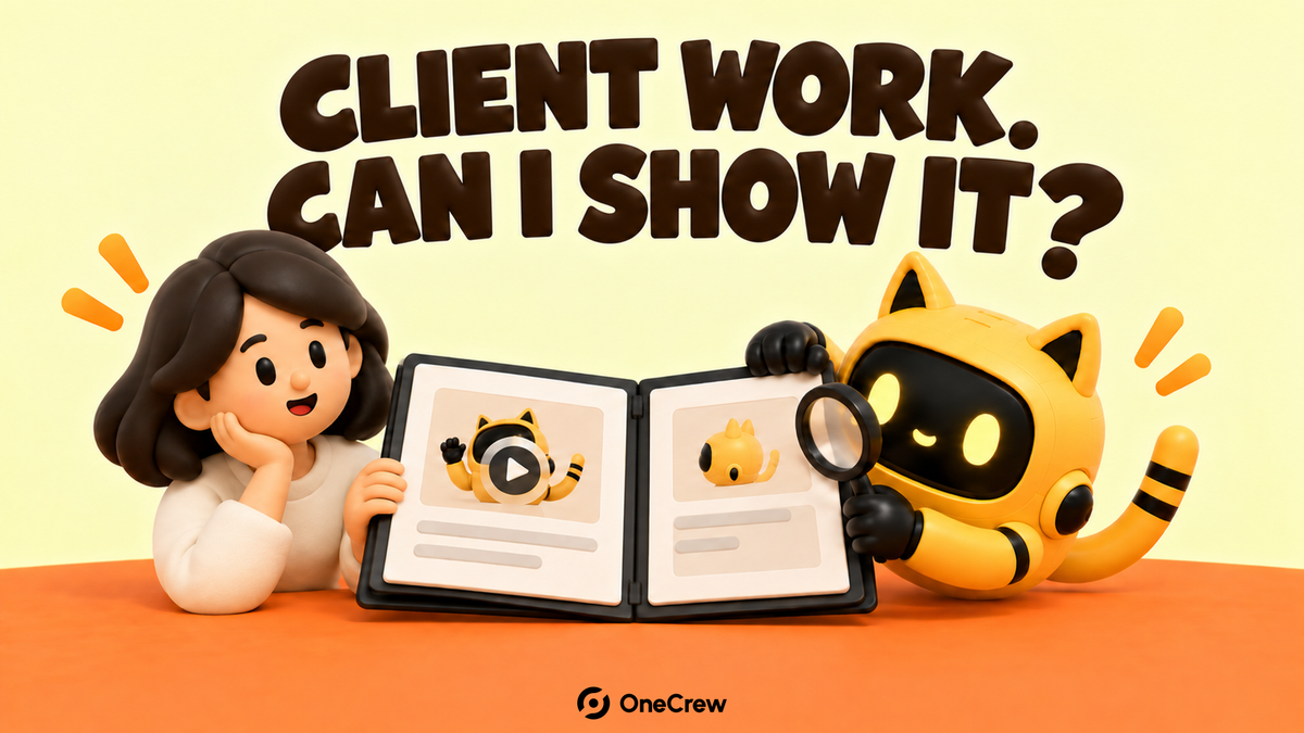 A creator and yellow cat-eared robot review a portfolio under “Client work. Can I show it?” The OneCrew logo sits on the orange tabletop.