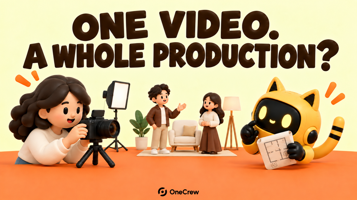 A creator films two people on a small interior set while a yellow robot holds a floor plan. Text: “One video. A whole production?”
