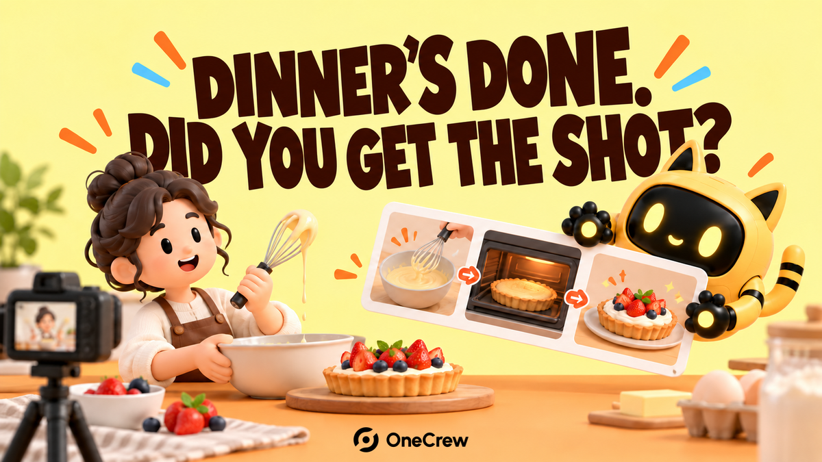 A recipe creator prepares a bake as a robot holds a cooking storyboard