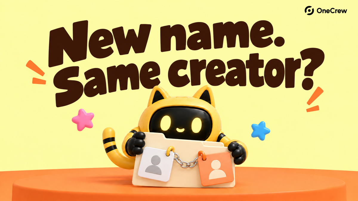 A yellow cat-eared robot holds a partnership folder with two linked profile tags beneath “New name. Same creator?”
