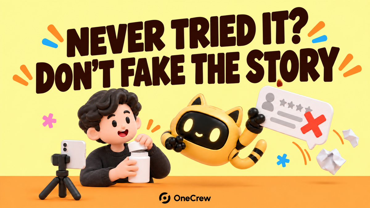 A yellow robot and creator replace a fictional testimonial with an actual product demonstration