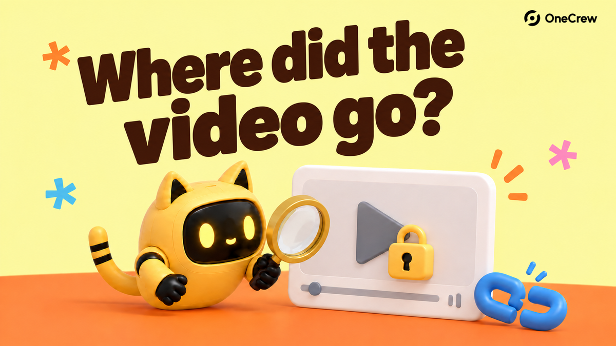 A yellow cat-eared robot examines a locked video player with a magnifier beneath the words “Where did the video go?”