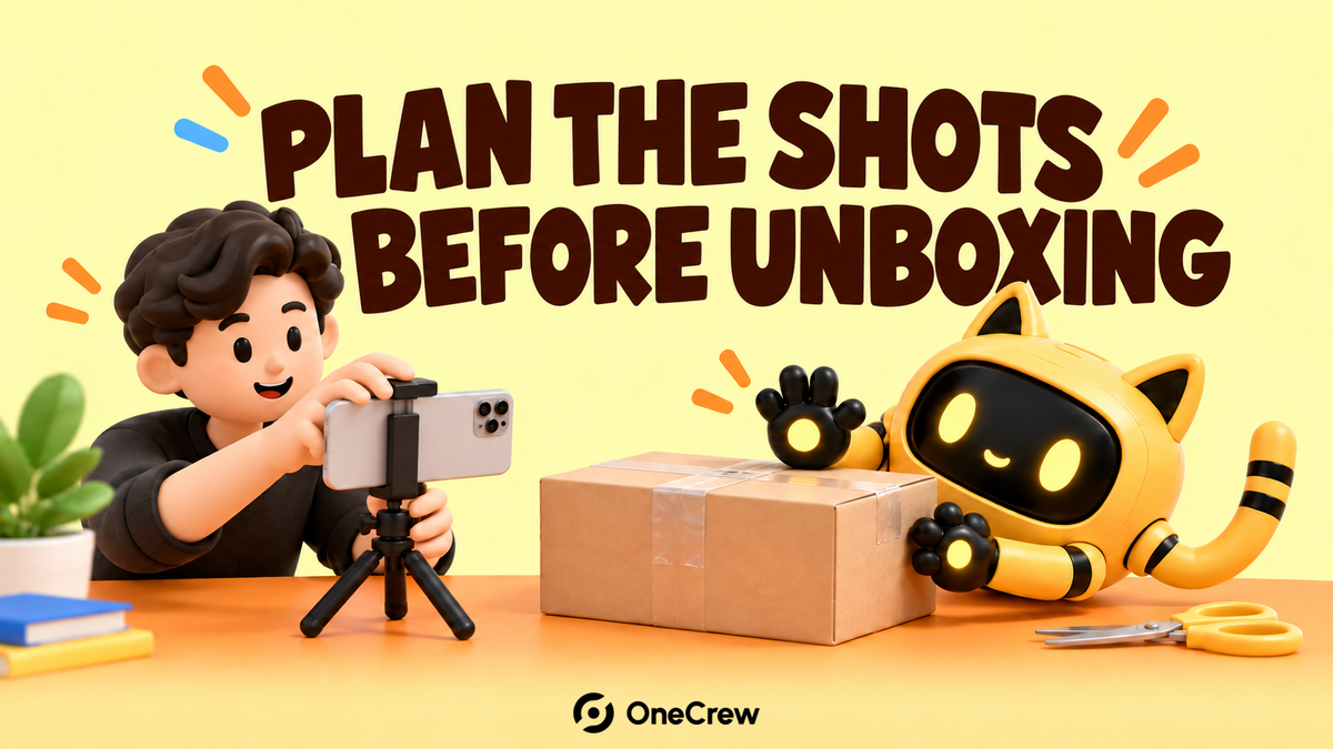 A robot signals a pause while a creator sets up a camera beside a sealed parcel