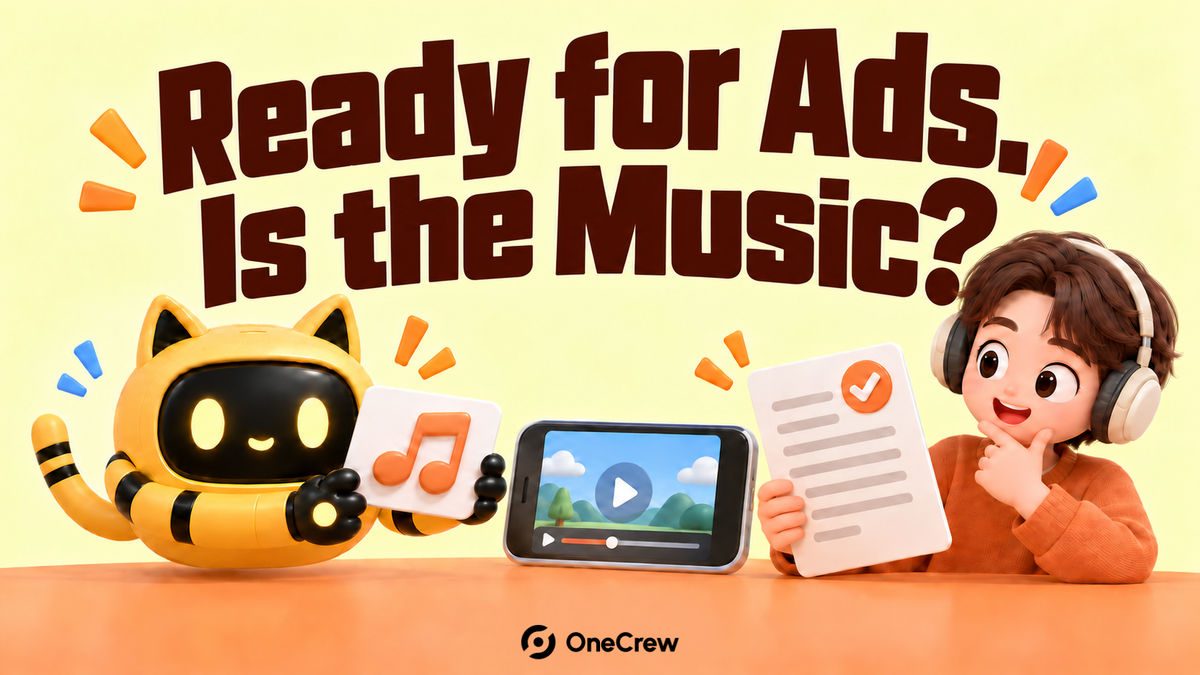 The mascot checks a music card and permission document beside a creator and an advertising video.